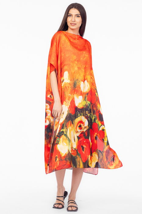 Rochie de plaja lunga tip poncho din matase cu imprimeu floral pe fond portocaliu [3]