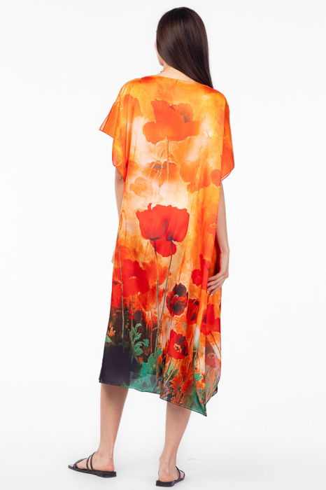Rochie de plaja lunga tip poncho din matase cu imprimeu maci pe fond portocaliu [3]