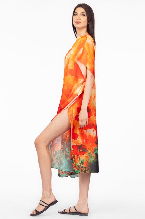 Rochie de plaja lunga tip poncho din matase cu imprimeu maci pe fond portocaliu [2]