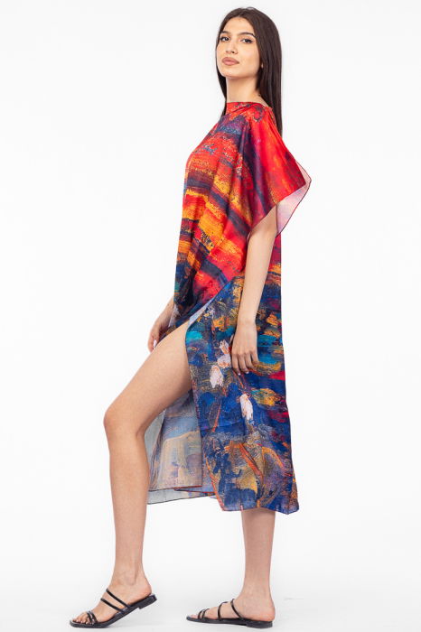 Rochie de plaja lunga tip poncho din matase cu imprimeu dupa pictura celebra [2]