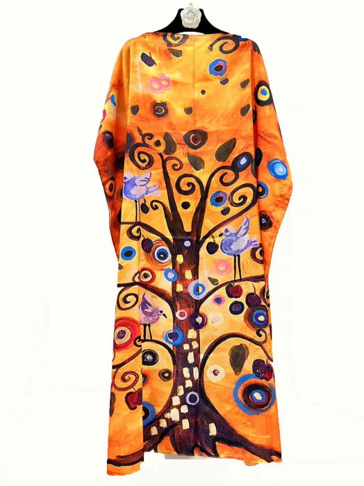 Rochie de plaja lunga tip poncho din matase cu reproducere dupa    Pomul Vietii    - Gustav Klimt