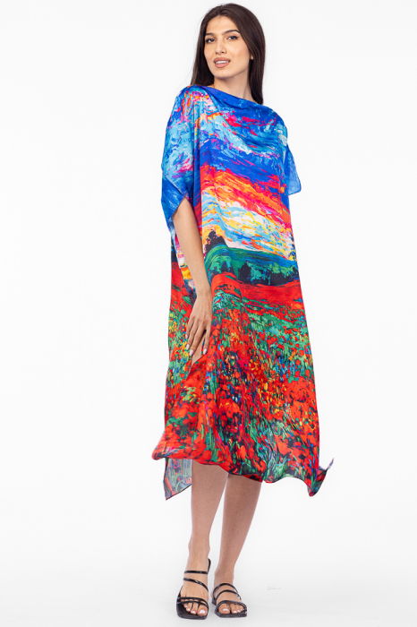 Rochie de plaja lunga tip poncho din matase cu pictura camp de maci si cer albastru [2]