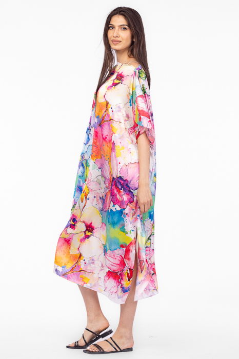 Rochie de plaja lunga tip poncho din matase cu motiv floral pastelat [2]