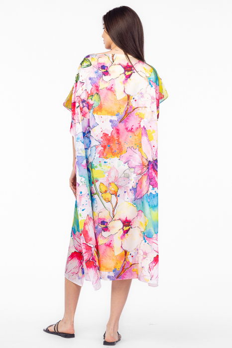 Rochie de plaja lunga tip poncho din matase cu motiv floral pastelat [3]