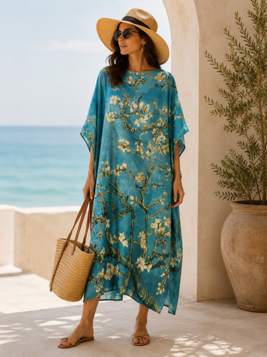 Rochie de plaja lunga tip poncho din matase cu reproducere dupa    Migdal Inflorind   de Van Gogh