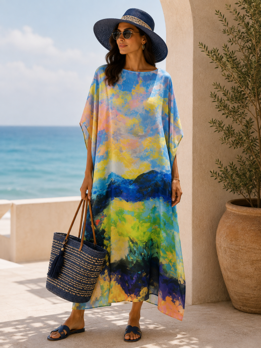 Rochie de plaja lunga tip poncho din matase cu reproducere dupa pictura celebra