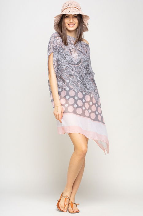 Rochie de plaja tip poncho de plaja cu motive florale si buline roz, vascoza [2]