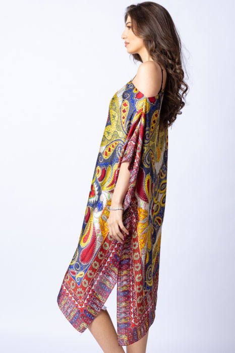 Rochie de plaja tip poncho din matase cu imprimeu arabesque pe fond bordo - albastru [2]