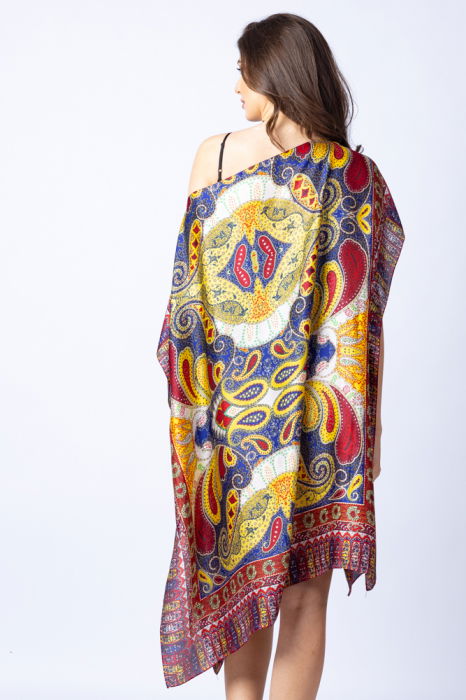 Rochie de plaja tip poncho din matase cu imprimeu arabesque pe fond bordo - albastru [3]