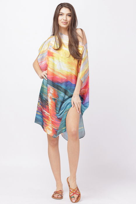 Rochie de plaja tip poncho din matase cu imprimeu apus de soare pe apa [2]