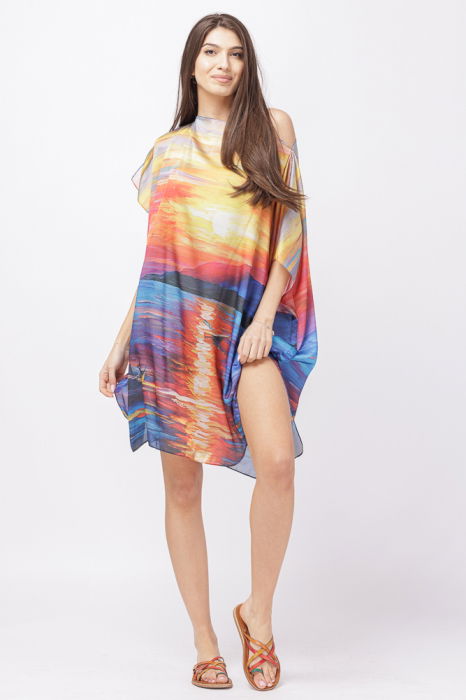 Rochie de plaja tip poncho din matase cu imprimeu apus de soare pe apa [5]