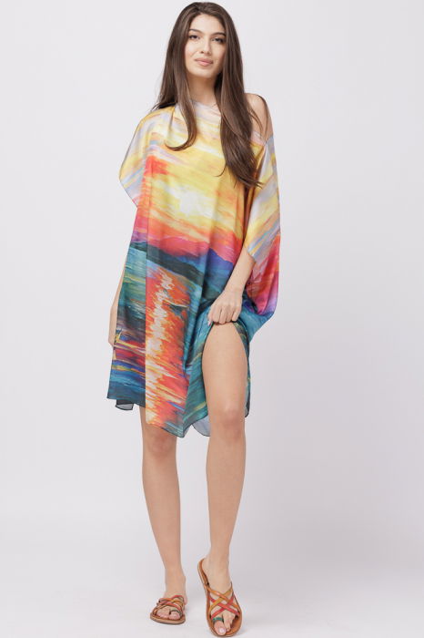 Rochie de plaja tip poncho din matase cu imprimeu apus de soare pe apa