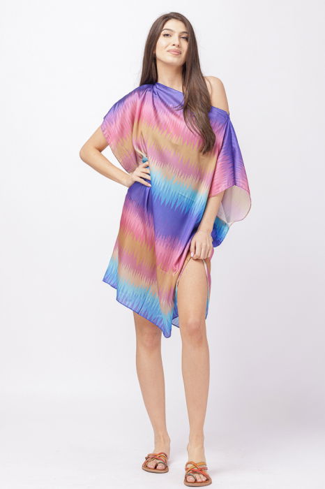 Rochie de plaja tip poncho din matase cu imprimeu curcubeu albastrui [2]