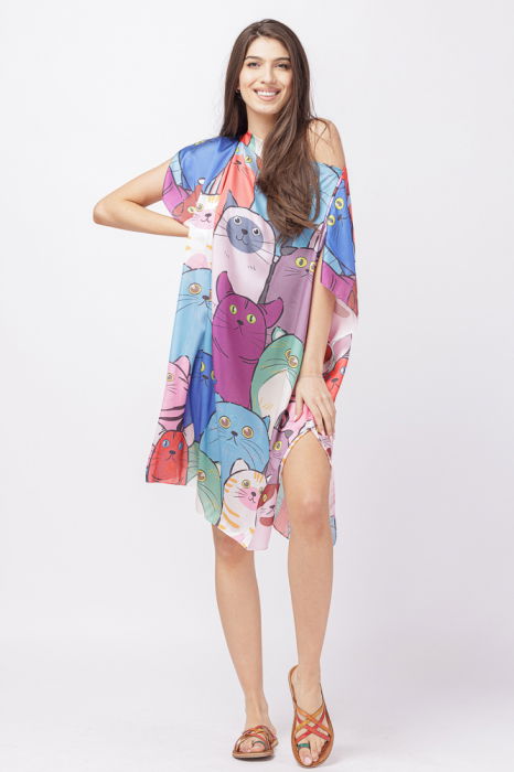 Rochie de plaja tip poncho din matase cu imprimeu pisici multicolore [2]