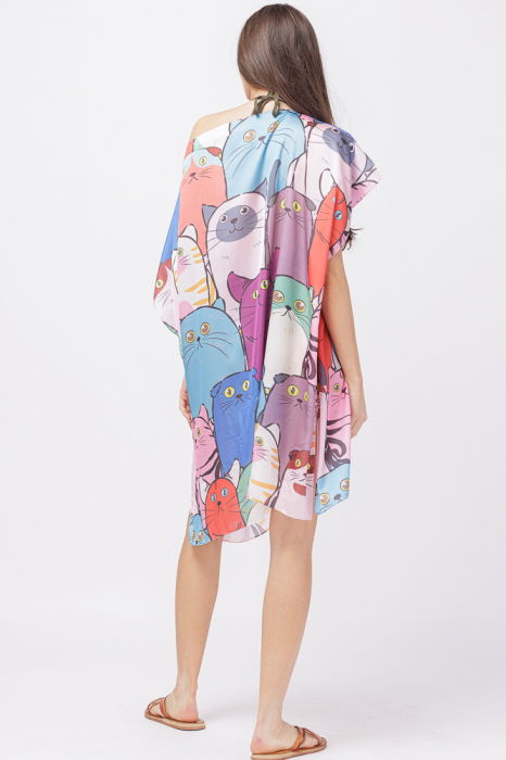 Rochie de plaja tip poncho din matase cu imprimeu pisici multicolore [3]