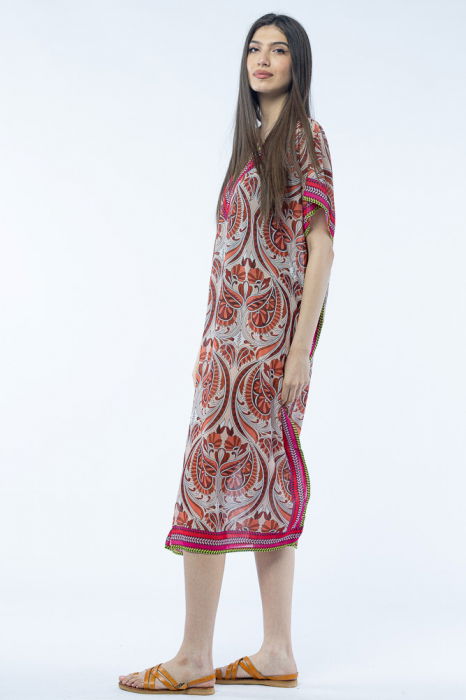 Rochie lunga de plaja tip poncho cu imprimeu floral pe fond bej [2]