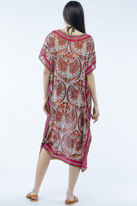 Rochie lunga de plaja tip poncho cu imprimeu floral pe fond bej [3]