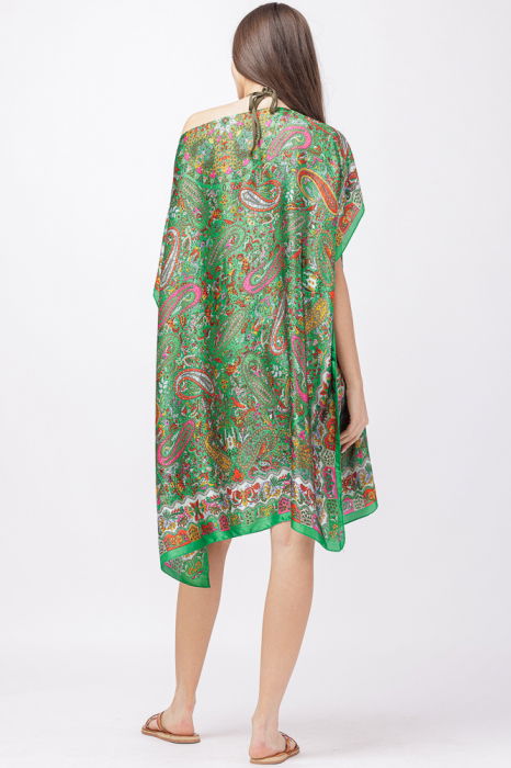 Rochie de plaja tip poncho din matase cu imprimeu paisley pe fond verde [3]