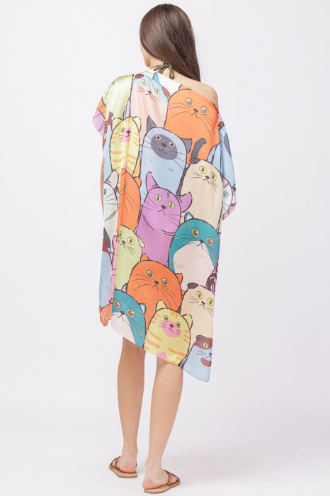 Rochie de plaja tip poncho din matase cu imprimeu pisici multicolore [6]