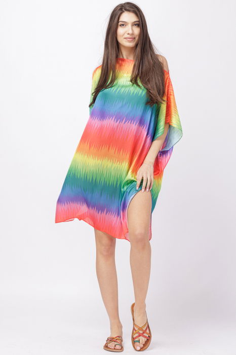 Rochie de plaja tip poncho din matase cu imprimeu curcubeu