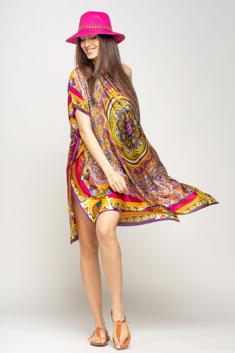 Rochie de plaja tip poncho din matase cu mandala centrala in chenar fucsia si mov [2]