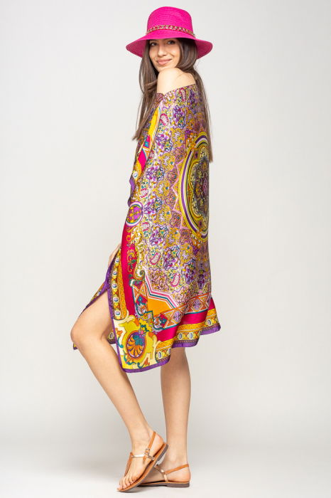 Rochie de plaja tip poncho din matase cu mandala centrala in chenar fucsia si mov [3]