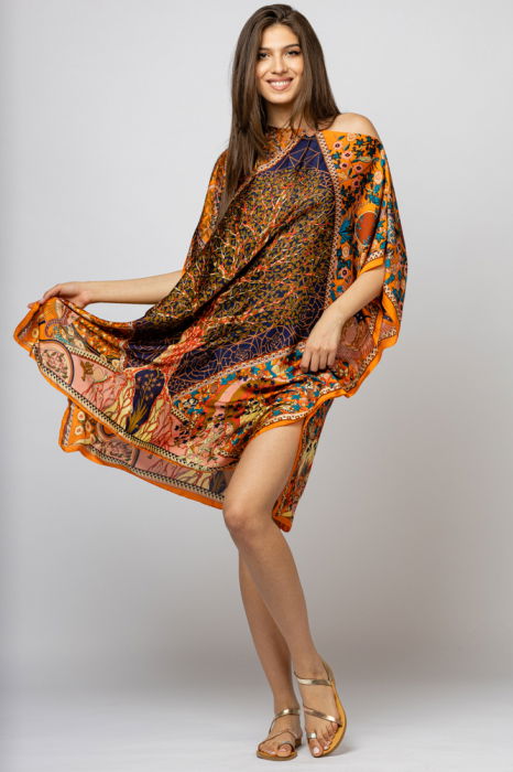 Rochie de plaja tip poncho din matase cu Pomul Vietii pe fond portocaliu [2]