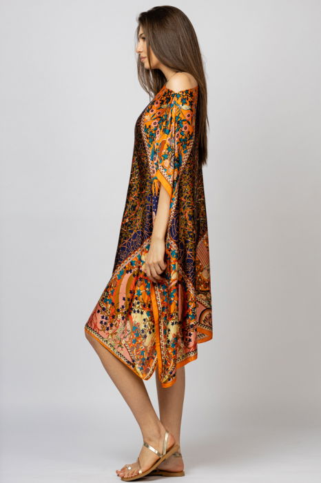 Rochie de plaja tip poncho din matase cu Pomul Vietii pe fond portocaliu [3]