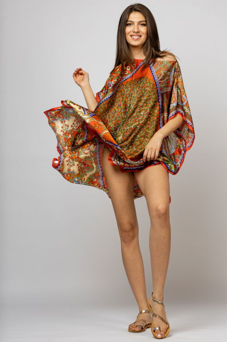 Rochie de plaja tip poncho din matase cu Pomul Vietii pe fond rosu corai [3]