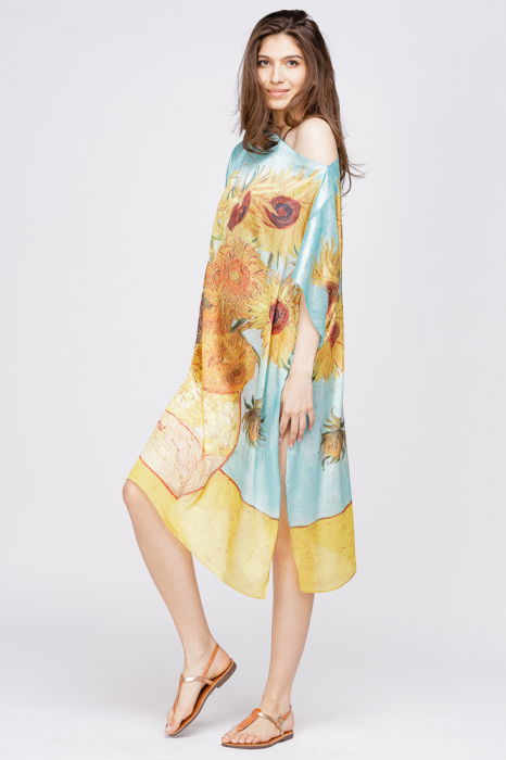 Rochie de plaja tip poncho din matase cu reproducere dupa '' Floarea Soarelui" de Van Gogh [3]