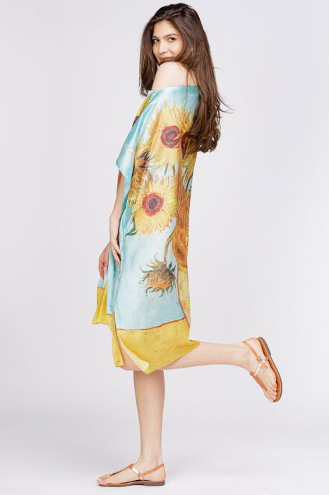 Rochie de plaja tip poncho din matase cu reproducere dupa '' Floarea Soarelui" de Van Gogh [4]