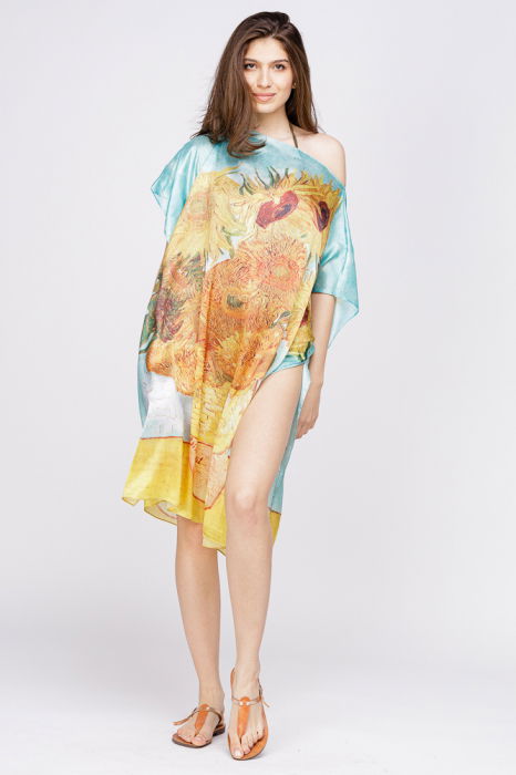 Rochie de plaja tip poncho din matase cu reproducere dupa '' Floarea Soarelui" de Van Gogh [2]