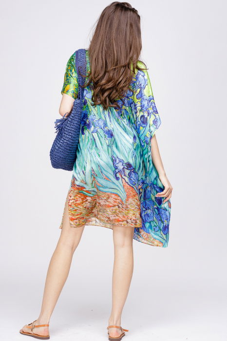Rochie de plaja tip poncho din matase cu reproducere dupa " Irisi'' - de Van Gogh [3]