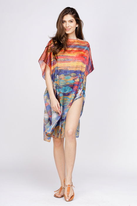 Rochie de plaja tip poncho din matase cu reproducere dupa o pictura celebra [3]