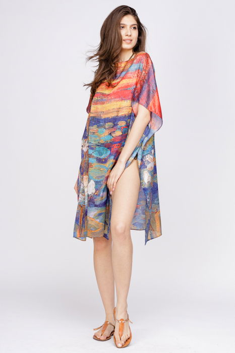 Rochie de plaja tip poncho din matase cu reproducere dupa o pictura celebra [2]