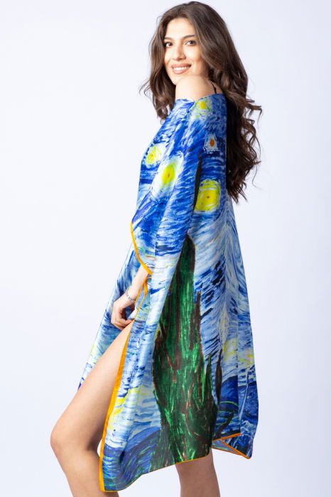 Rochie de plaja tip poncho din matase cu stilizare "Noaptea Instelata" pe fond albastru [2]