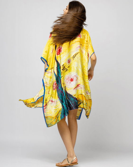 Rochie de plaja tip poncho din matase cu stilizare "Noaptea Instelata" pe fond galben [2]