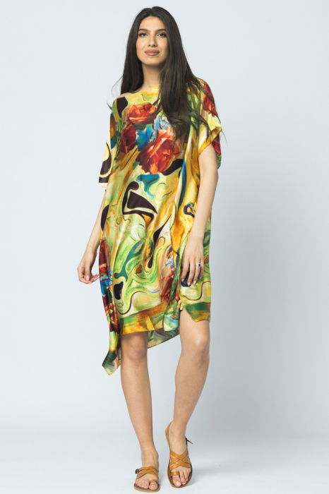 Rochie de plaja tip poncho din matase cu trandafiri pe fond galben [3]