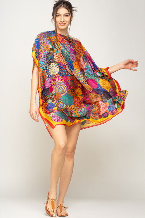 Rochie de plaja tip poncho din matase imprimat cu mandale multicolore cu rosu si galben pe margine [2]