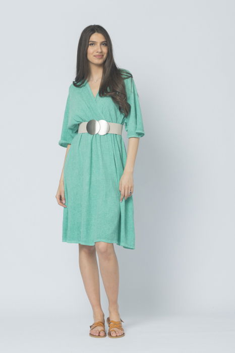 Rochie de vara din in si bumbac, cu bust petrecut, verde [4]