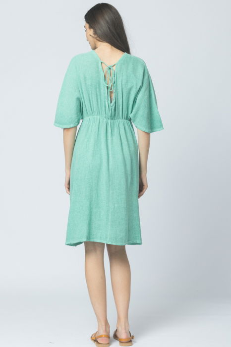 Rochie de vara din in si bumbac, cu bust petrecut, verde [3]