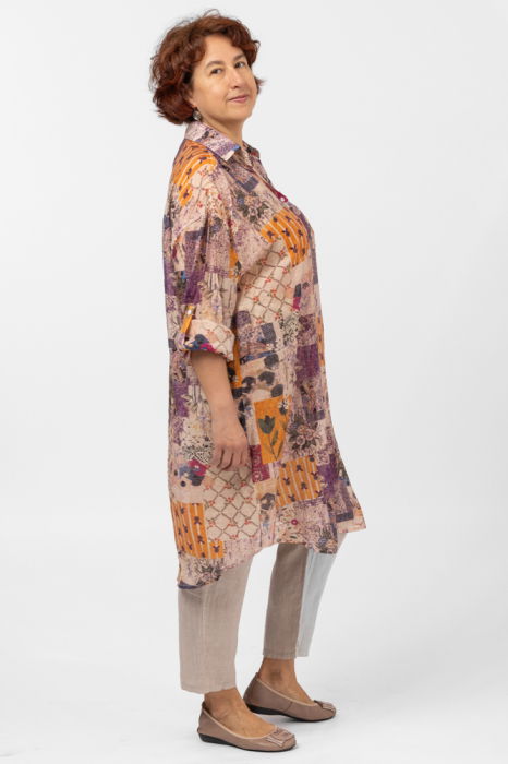 Camasa lunga subtire cu imprimeu floral pe fond portocaliu [4]