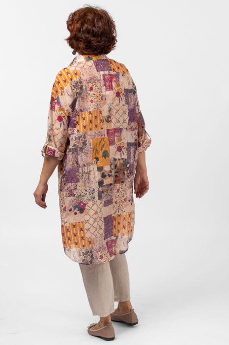 Camasa lunga subtire cu imprimeu floral pe fond portocaliu [6]