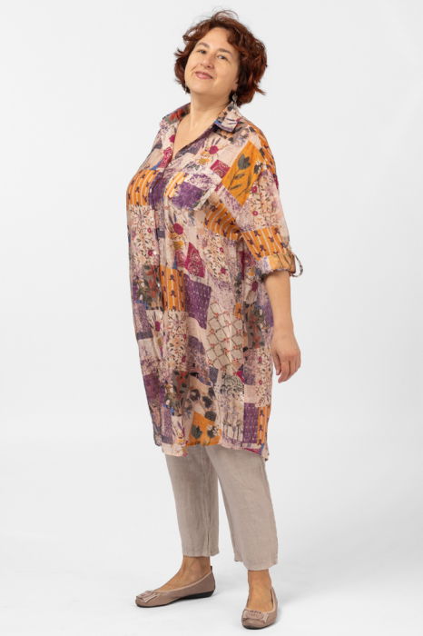 Camasa lunga subtire cu imprimeu floral pe fond portocaliu [2]