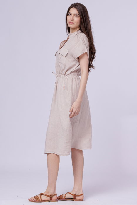 Rochie de vara midi din in cu buzunare si siret in talie, bej [2]