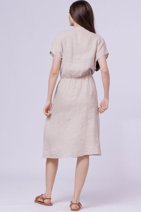 Rochie de vara midi din in cu buzunare si siret in talie, bej [3]