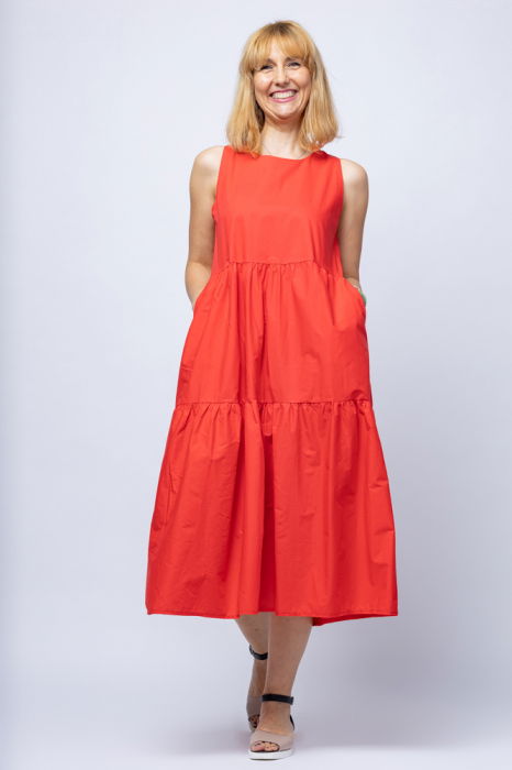 Rochie de vara rosie fara maneci, cu trei volane, din poplin de bumbac