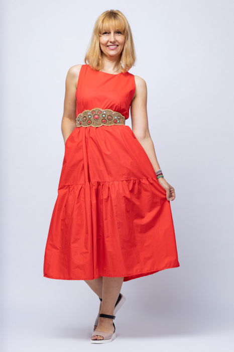 Rochie de vara rosie fara maneci, cu trei volane, din poplin de bumbac [2]