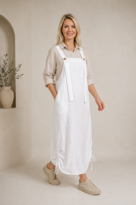 Rochie de vara tip sarafan lung cu bretele si snur reglabil, amestec de in cu vascoza alba