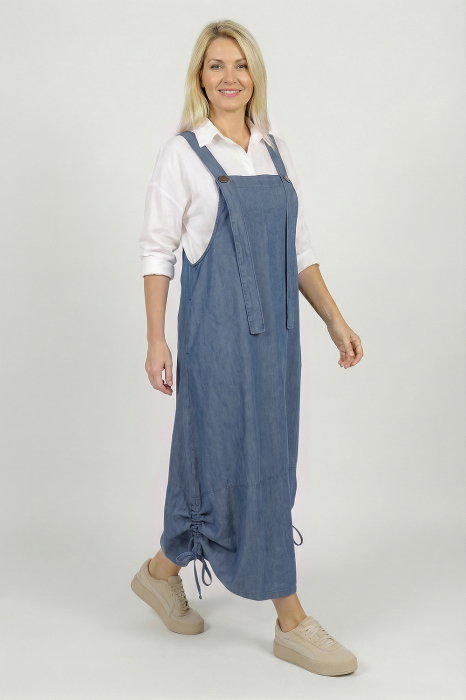 Rochie de vara tip sarafan lung cu bretele si snur reglabil, din denim subtire bleu